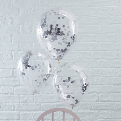 Caurspīdīgi baloni ar sudraba konfettī (5 gab/30 cm)